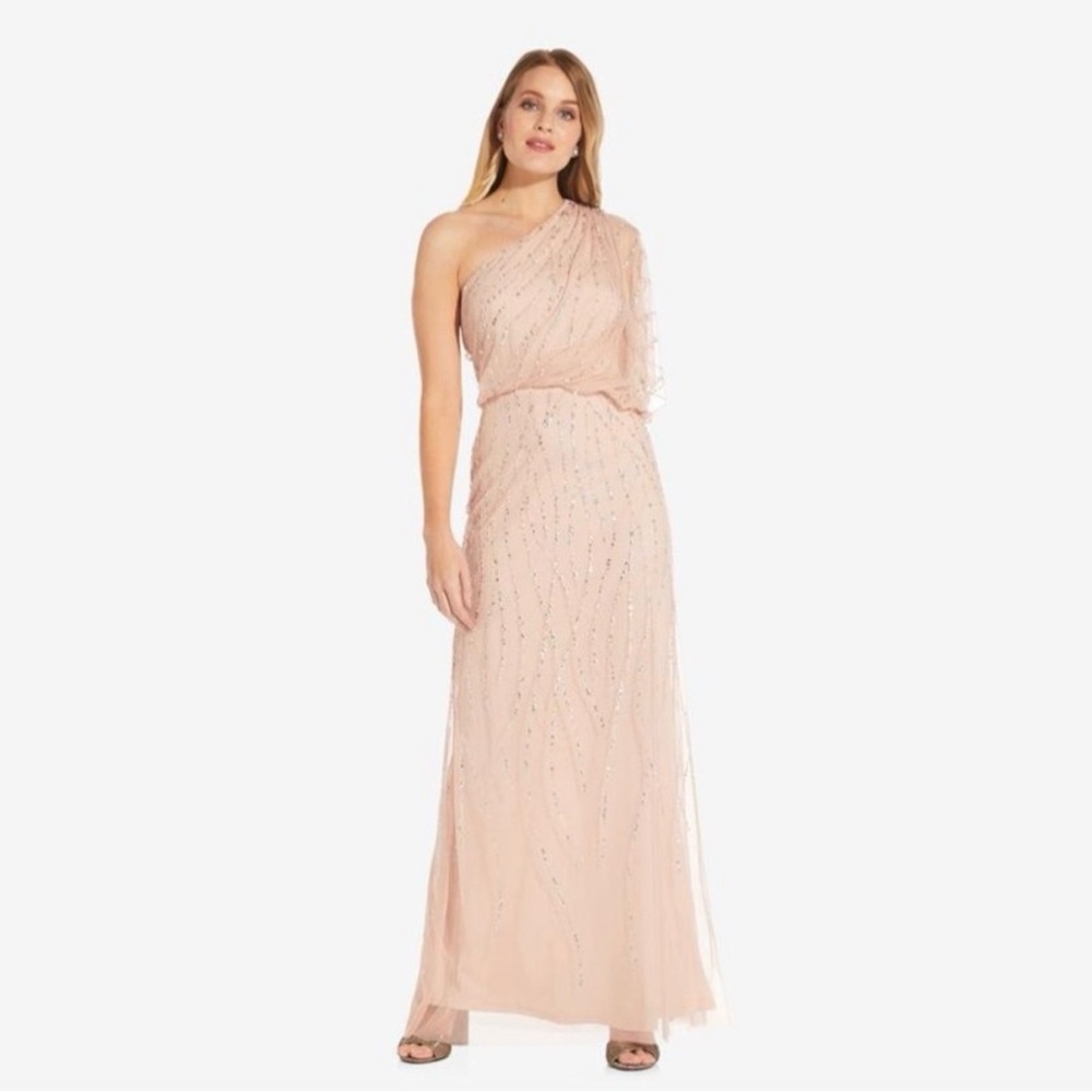 Adrianna Papell blush pink one shoulder formal gown mother of the bride
